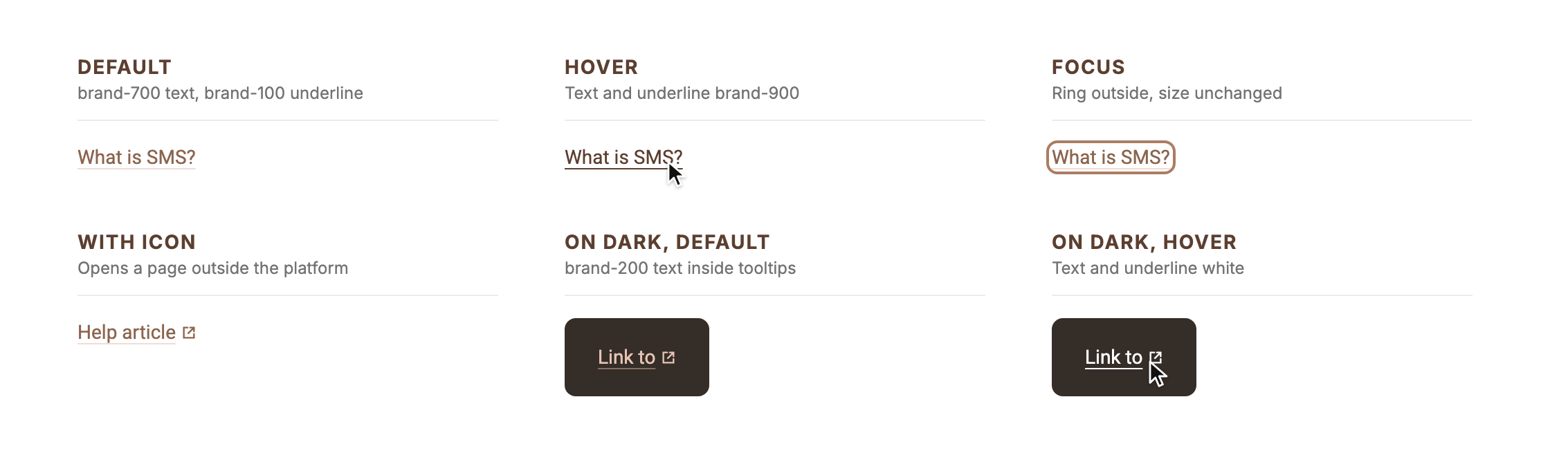 Link states on light and dark: default, hover, focus, with icon, on dark default and hover